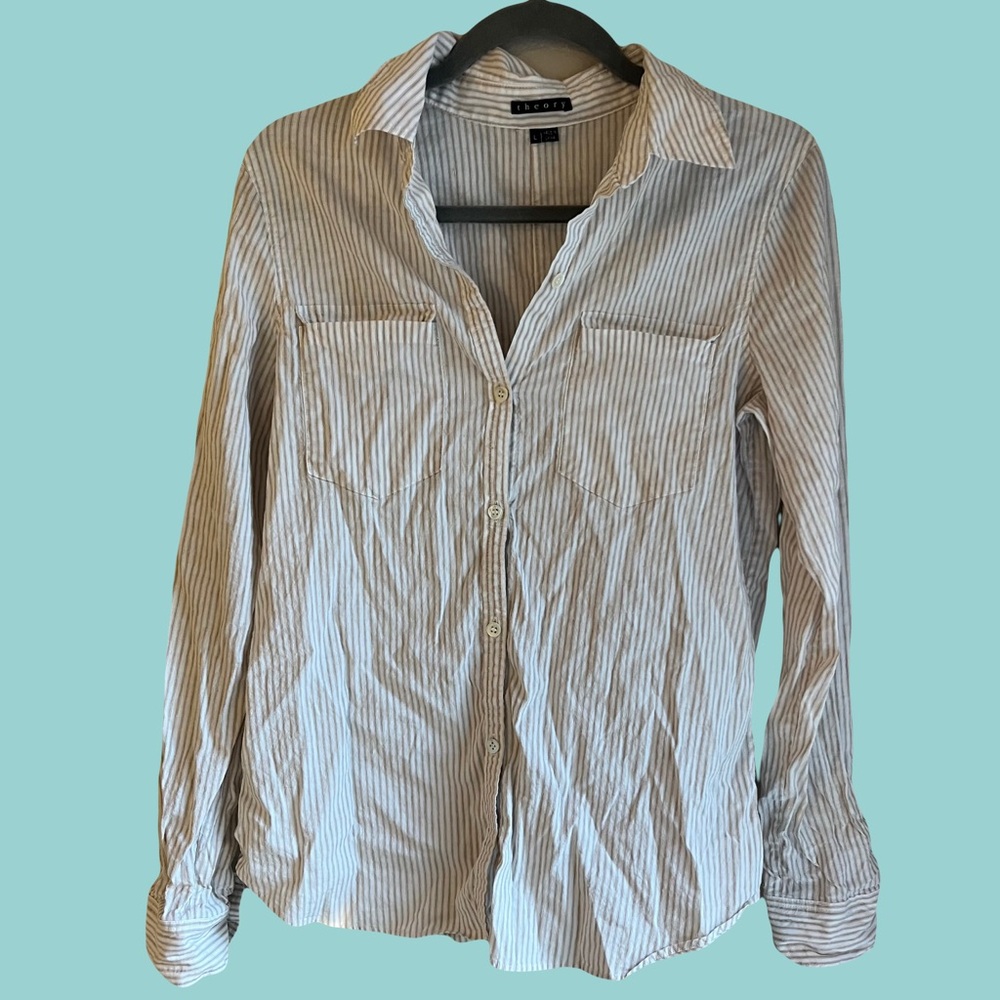 Theory Linen Cotton Blend Striped Button Down Shirt Womens Size Large Owned